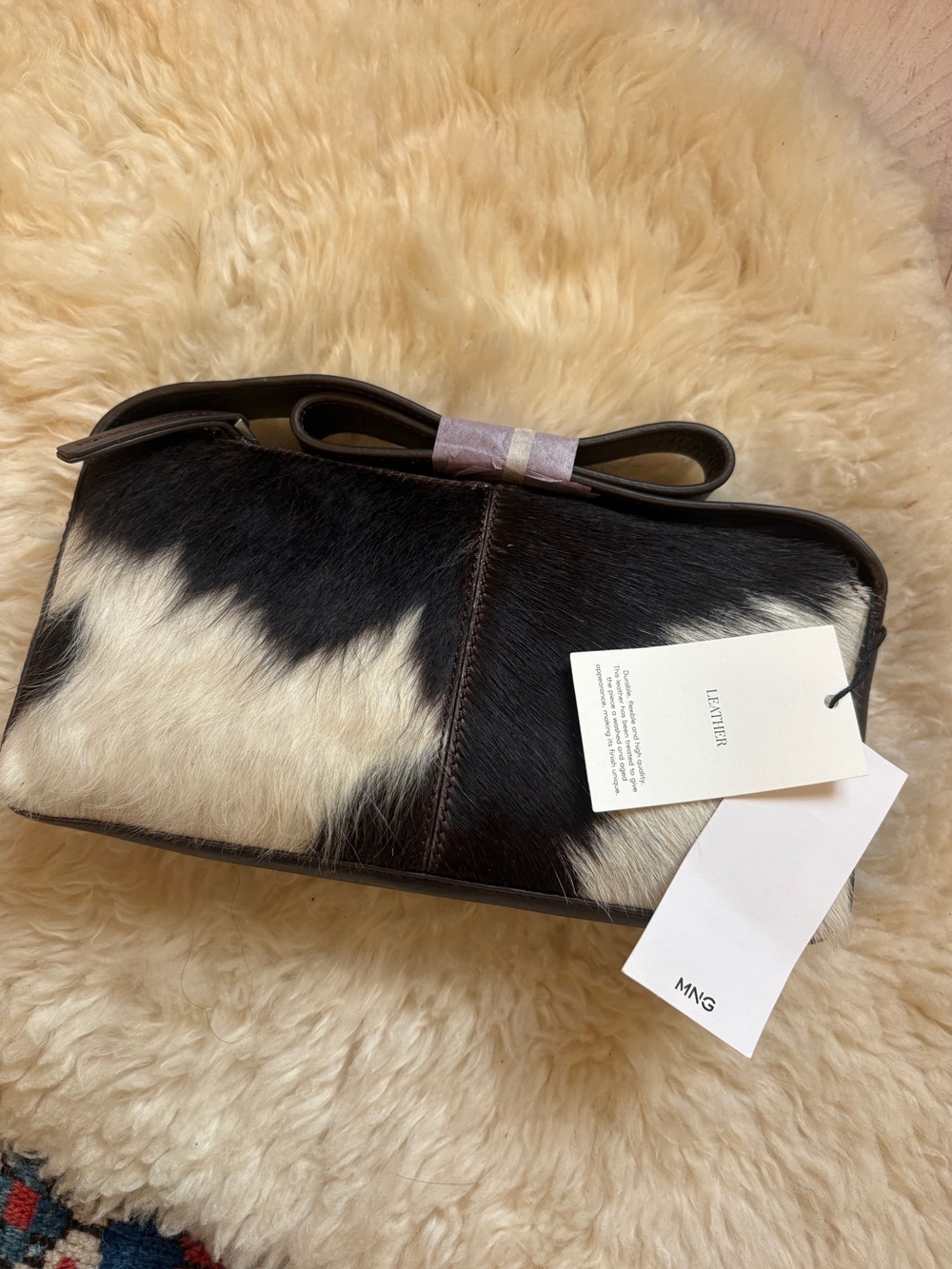 Mango Black & White Cowhide Leather Bow-Top Crossbody Bag